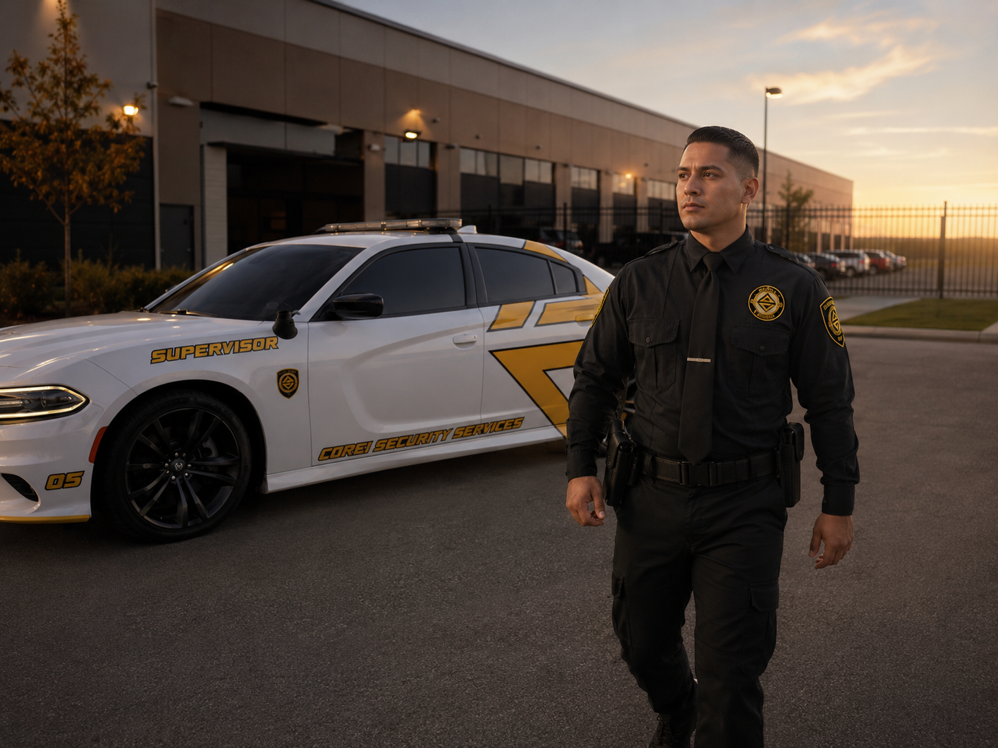 A security officer dressed in black with a badge on his sleeve and a patch on his chest, standing outside during sunset. Behind him, there is a white security vehicle marked with 'Supervisor' and 'Core Security Services' parked in front of a building with a fence in the background.