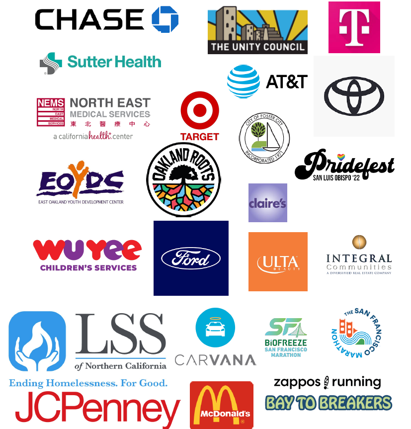 A collage of various company and organization logos including Chase, The Unity Council, T-Mobile, Sutter Health, AT&T, Toyota, North East Medical Services, Target, City of Foster City, Pridefest, Oakland Roots, Claire's, WoYee Children's Services, Ford, Ulta Beauty, Integral Communities, LSS of Northern California, Carvana, BioFreeze, San Francisco Marathon, The San Francisco Marinoh, JCPenney, McDonald's, Zappos running, and Bay to Breakers.