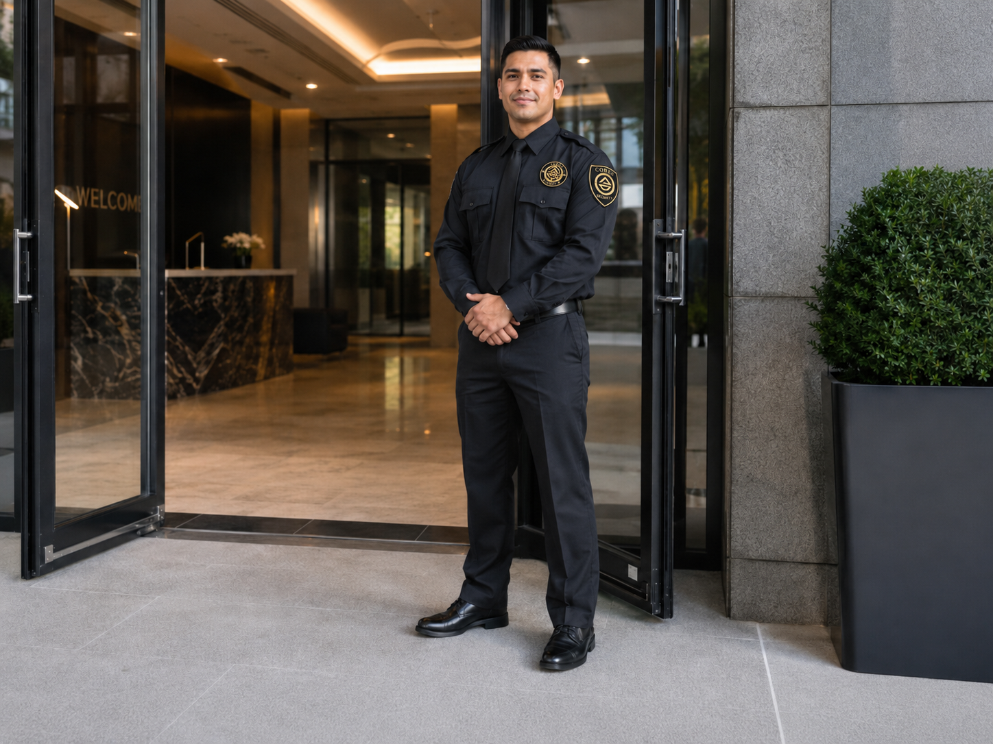 A security guard in uniform standing at the entrance of a modern building with glass doors. The guard is smiling and has his hands clasped in front. The building lobby behind him has a marble counter and a welcome sign.