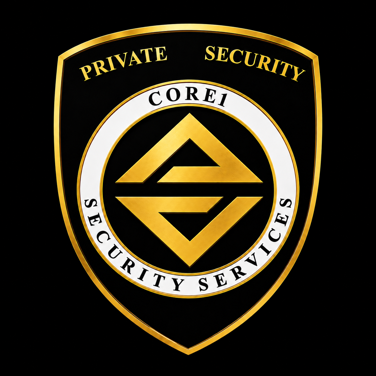 A security badge with black background and gold trim. The badge displays the words 'PRIVATE SECURITY' at the top, 'SECURITY SERVICES' at the bottom, and 'CORE1' in the center.