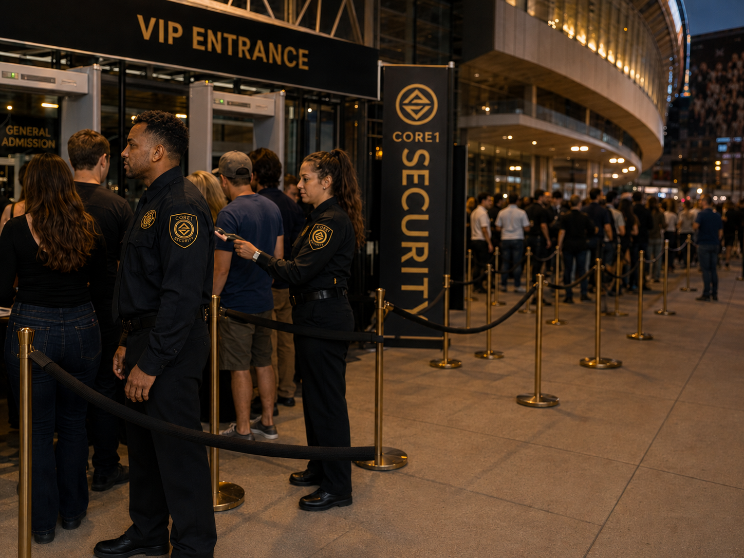 Crowd of people waiting in line outside a venue with a VIP entrance sign, security personnel monitoring the line, modern building exterior, evening lighting.