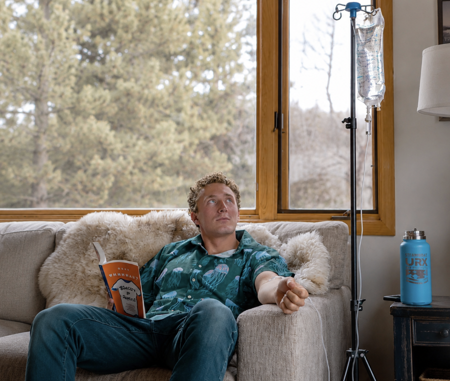 Client receiving mobile IV therapy at home in Steamboat Springs, Colorado.