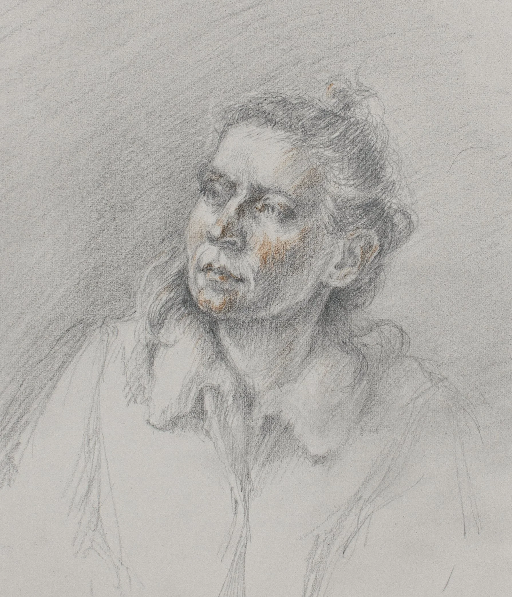 Hila in collared sweater, 2026 • graphite and pastel on paper • 16.5 × 13.5 cm