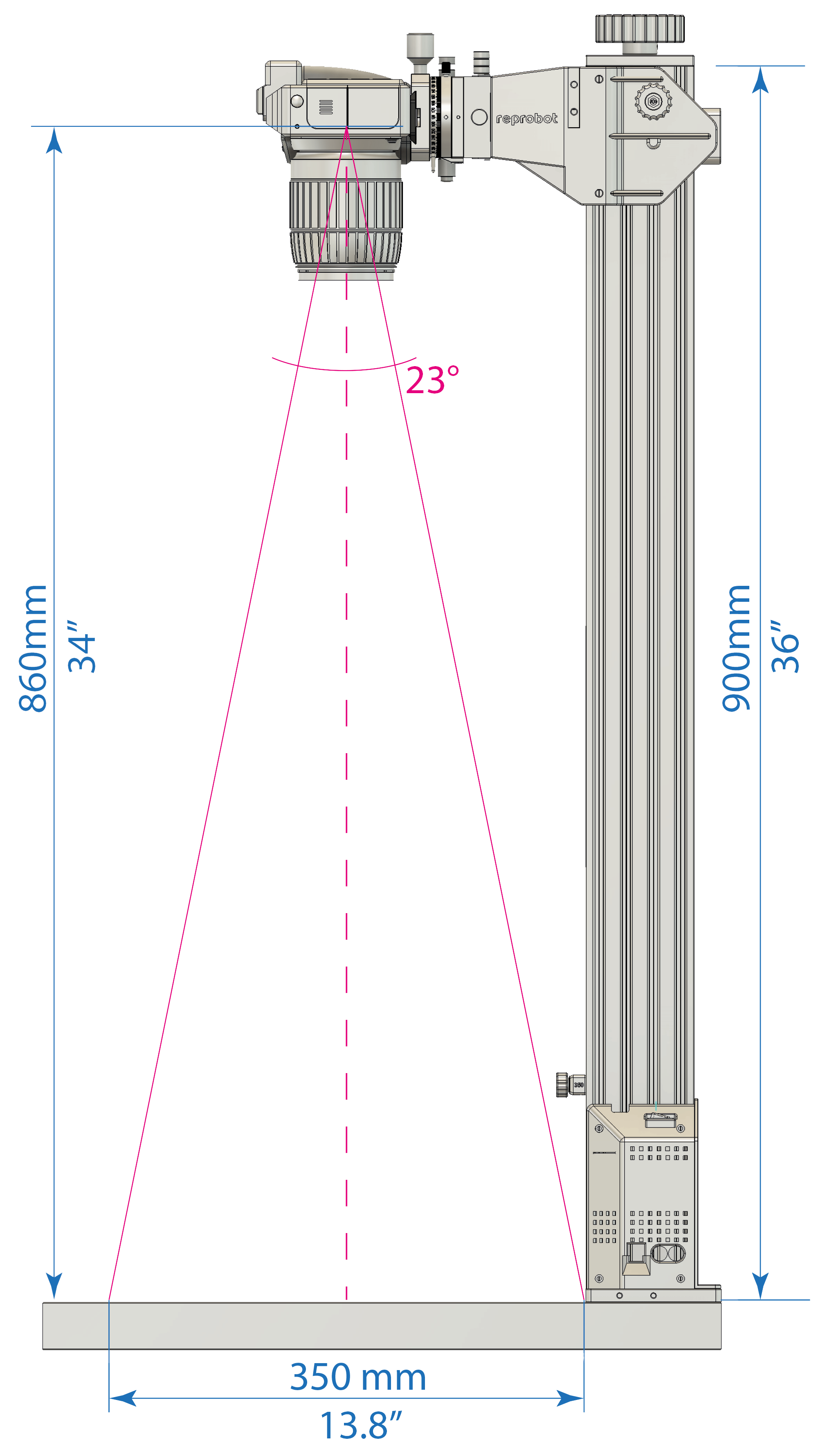 MRC900 working range diagram for reprographic camera positioning