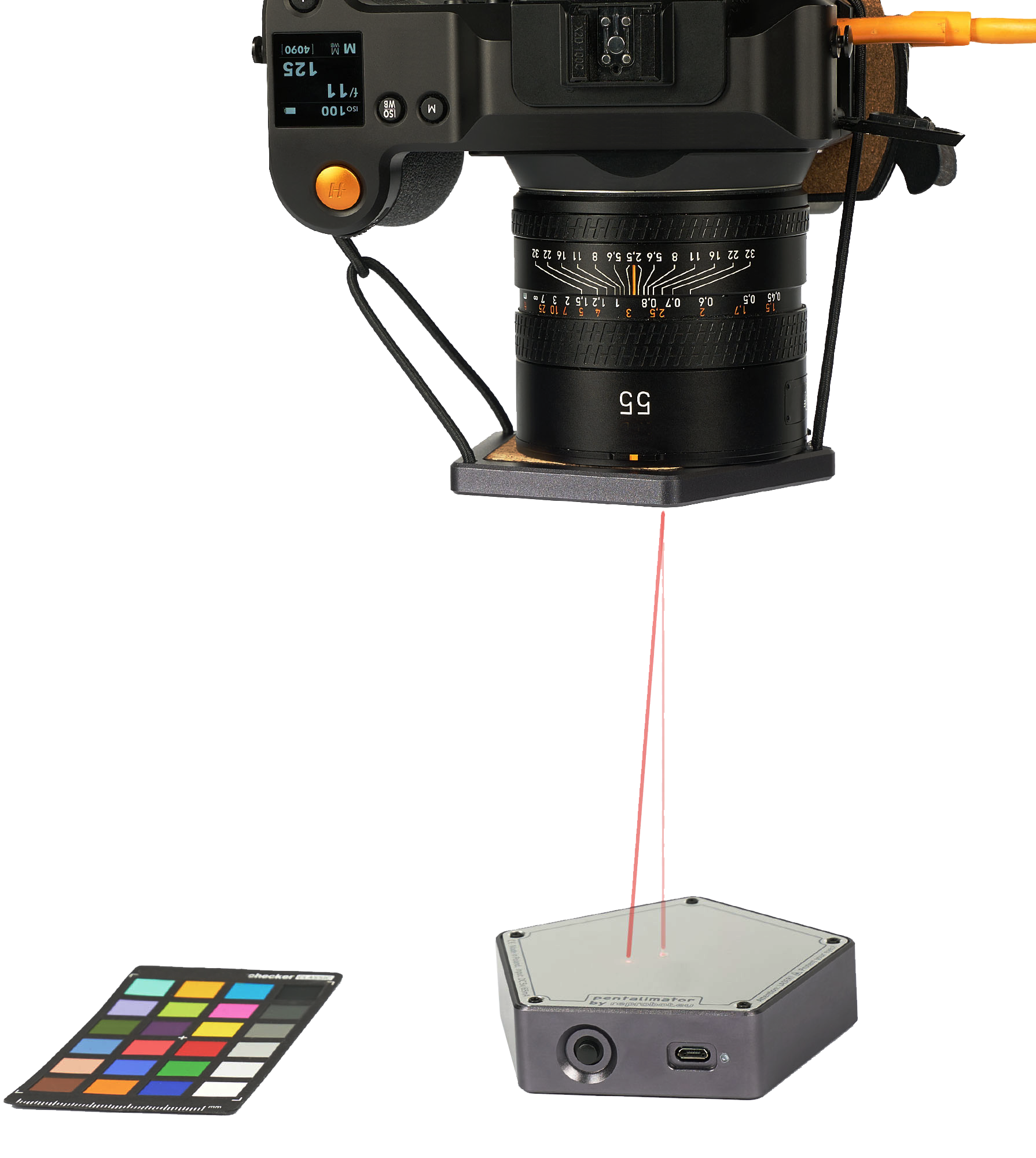 Pentalimator checking camera-to-plane alignment in a reprographic setup