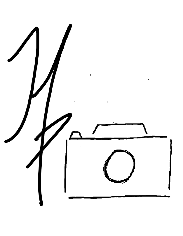 A simple line drawing of a camera with a large circular lens and a viewfinder on top. Next to it, there are a few abstract, freehand lines.