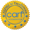 CARF accreditation badge with the text 'Aspire to excellence' and five stars.