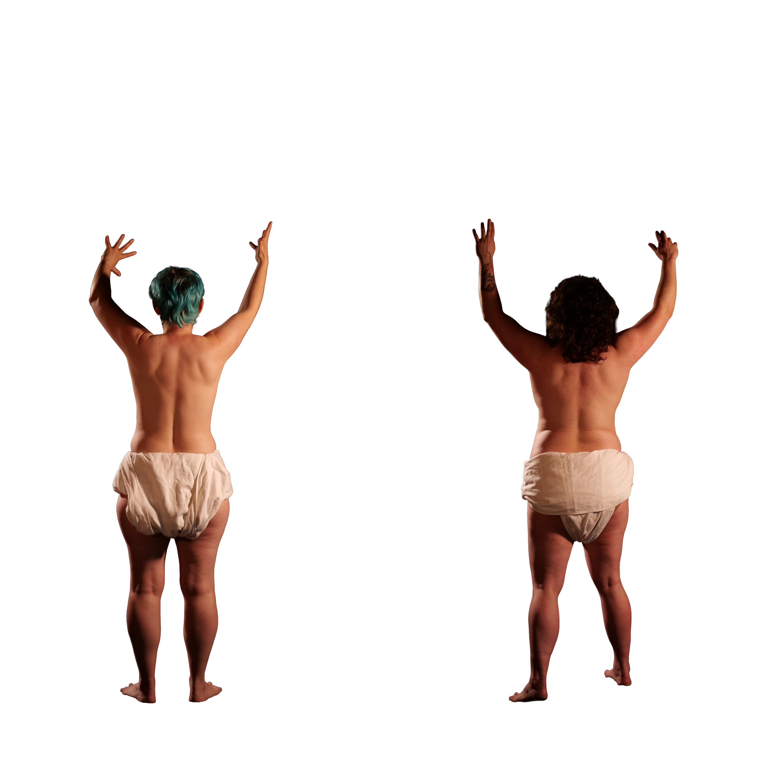 Two tiny figures face away with their arms raised up in the air. They both wear only diapers.