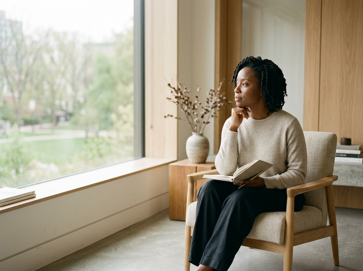 Woman sitting by a window reading a book