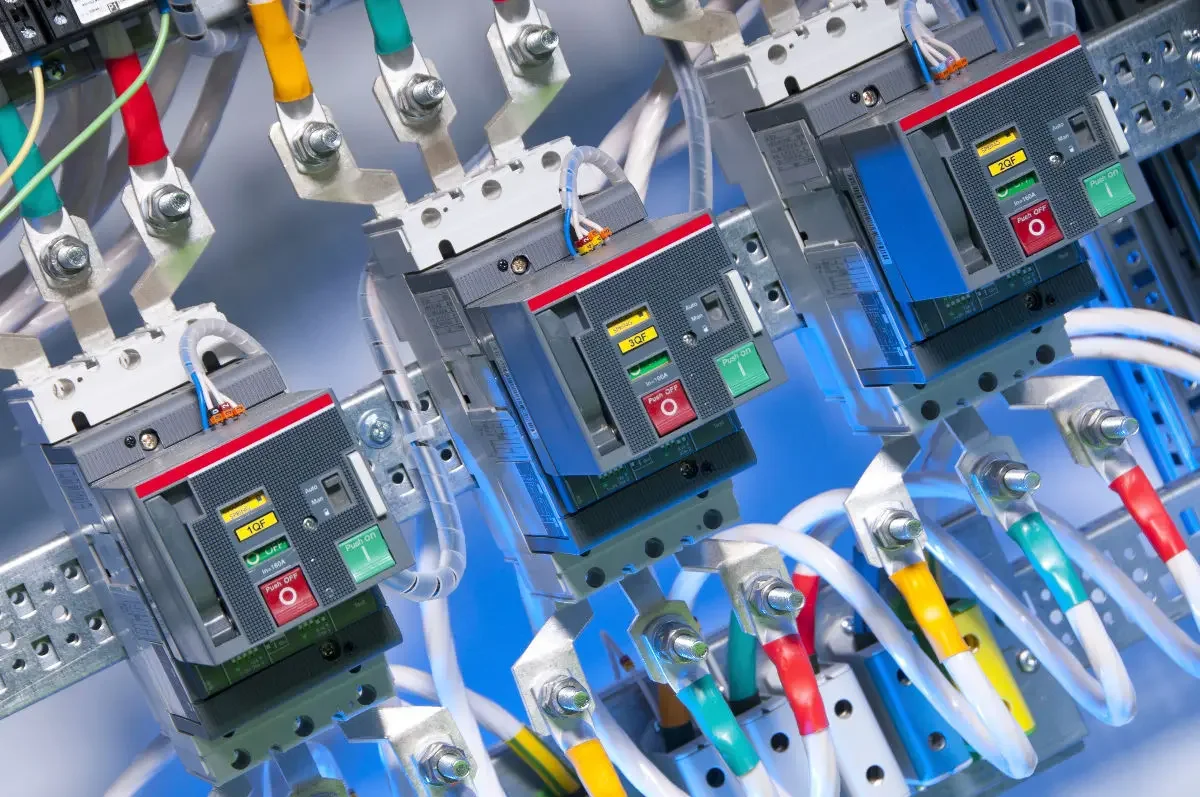 Close-up of an industrial electrical panel with three circuit breakers connected to multicolored wires.