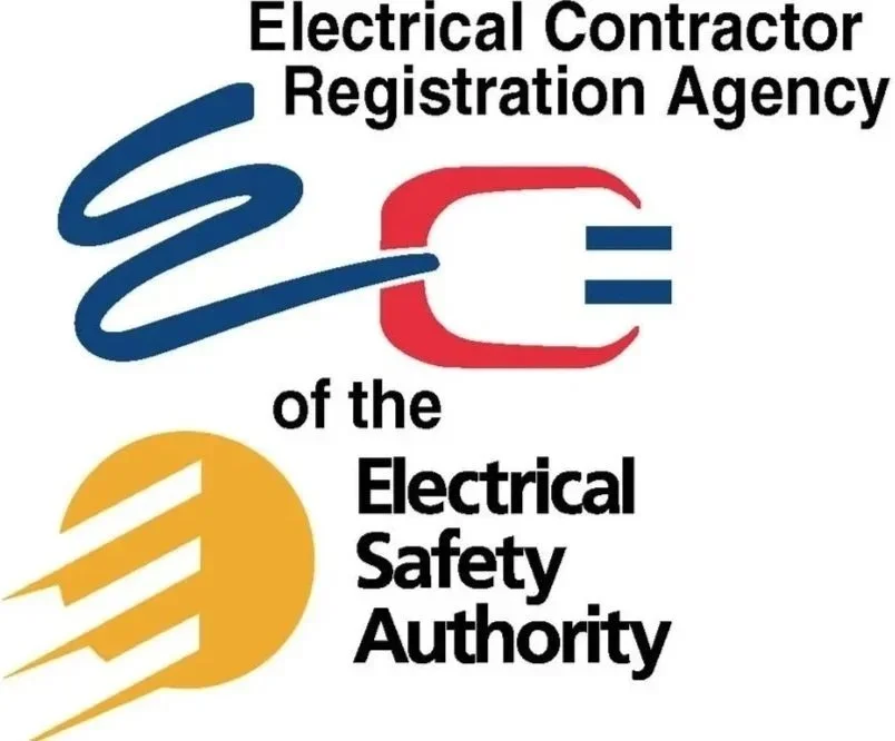 Logo for the Electrical Contractor Registration Agency and the Electrical Safety Authority, featuring stylized electrical power symbols in blue and yellow.