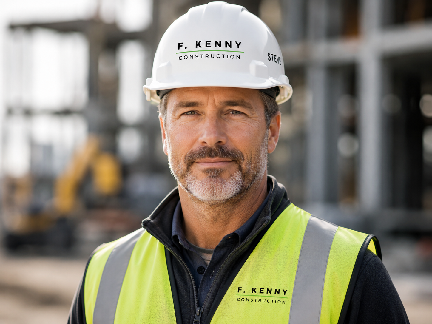 A middle-aged man with gray hair and a beard, wearing a white safety helmet with 'F. KENNY Construction' written on it, and a yellow high-visibility safety vest with the same company name. He is on a construction site with blurred equipment and structures in the background.