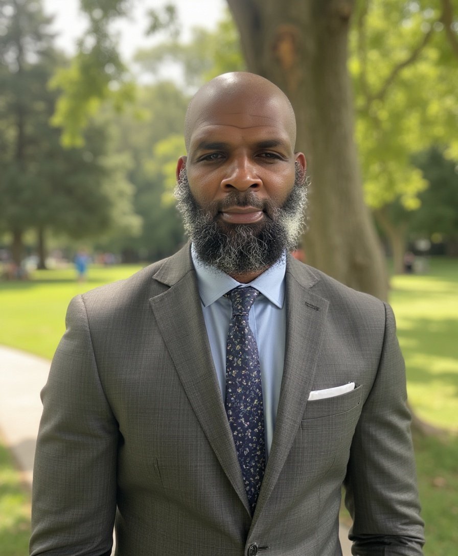 A man in a suit standing outdoors in a park with trees in the background.