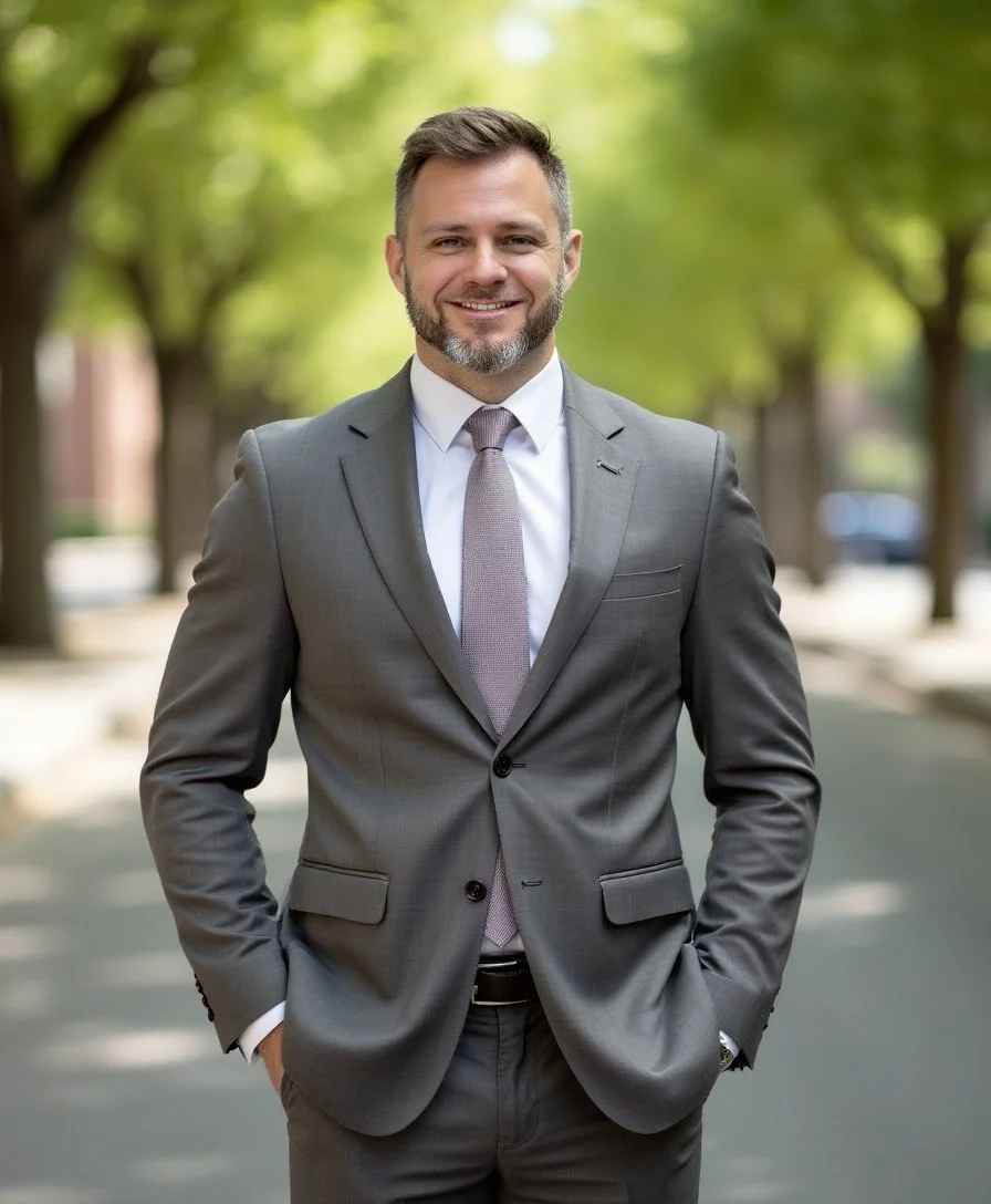 A smiling man in a gray suit, white shirt, and gray tie standing outdoors with trees in the background.