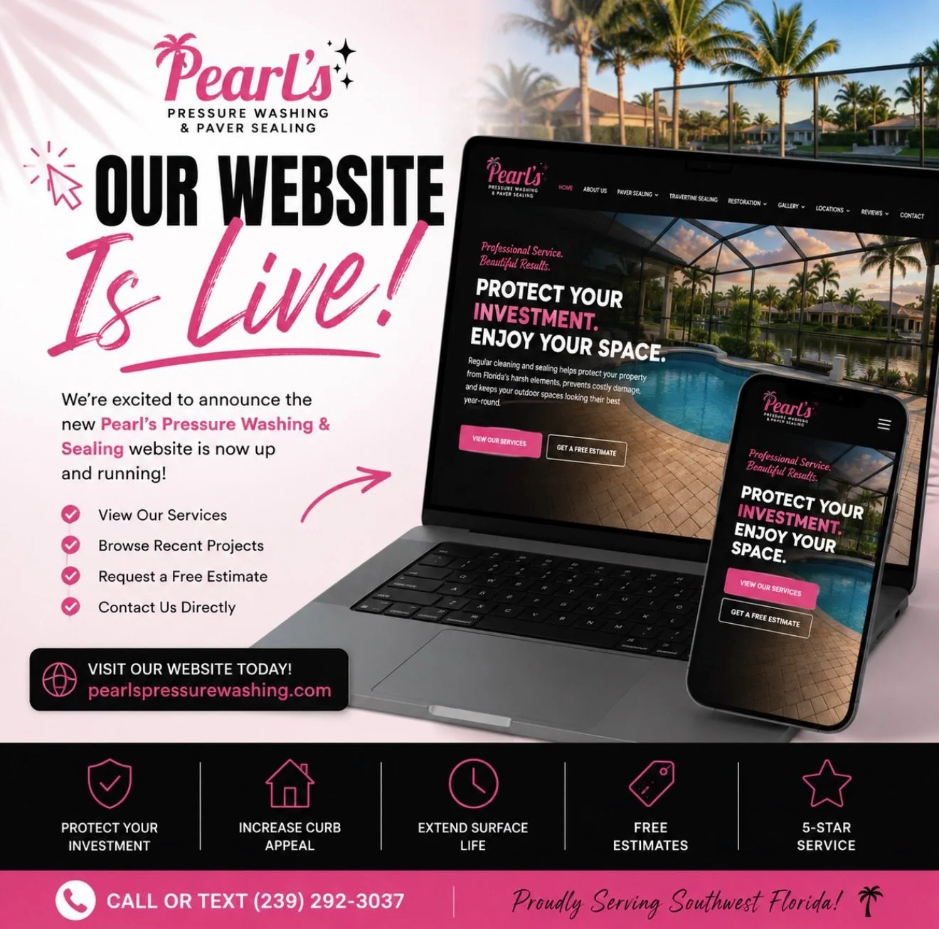 🚨 Our Website Is Officially Live! 🚨

We&rsquo;re excited to announce that the new Pearl&rsquo;s Pressure Washing &amp; Sealing website is now up and running!

Whether you&rsquo;re looking for pressure washing, paver sealing, travertine sealing, fen