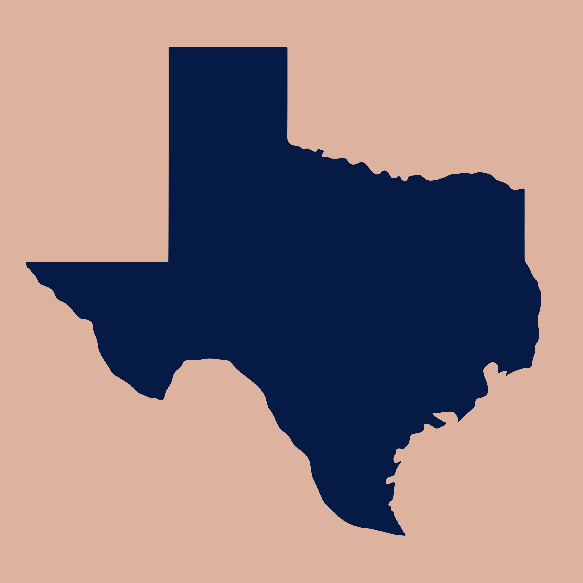 Silhouette of the state of Texas in dark blue on a light tan background.