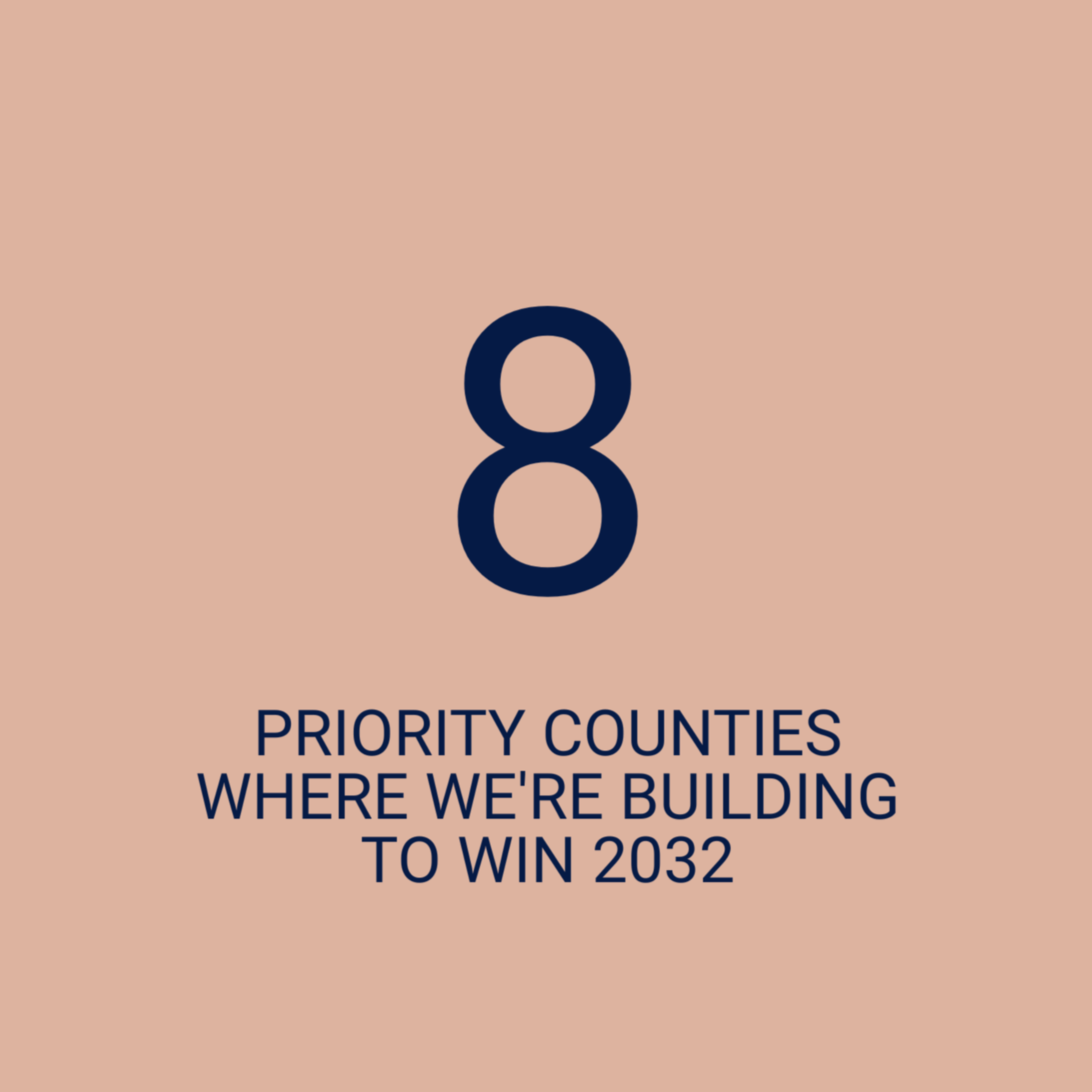 Number 8 icon with text 'Priority counties where we're building to win 2023' on a beige background.