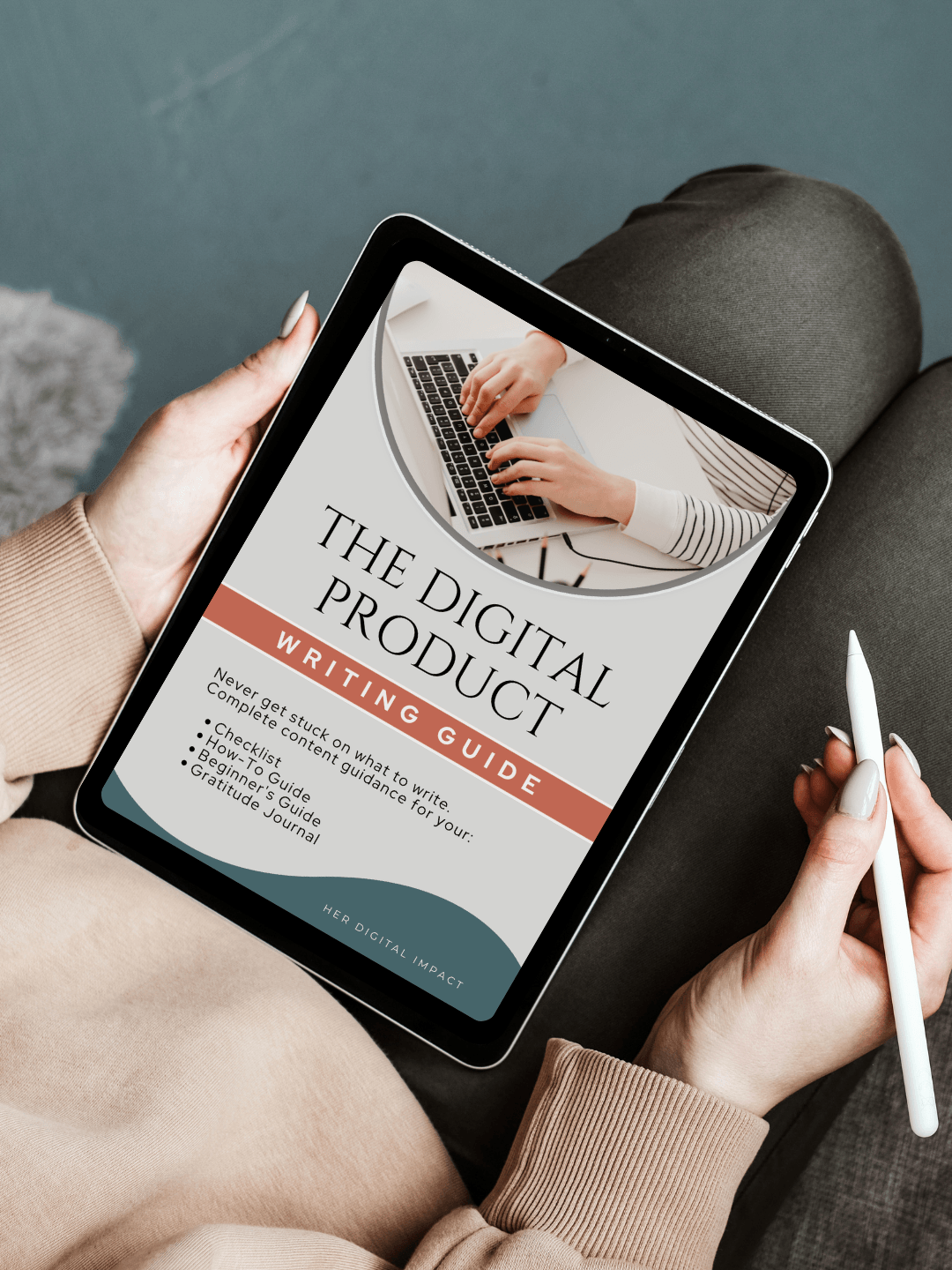 woman sitting with ipad showing the digital product writing guide open- never get stuck on what to write