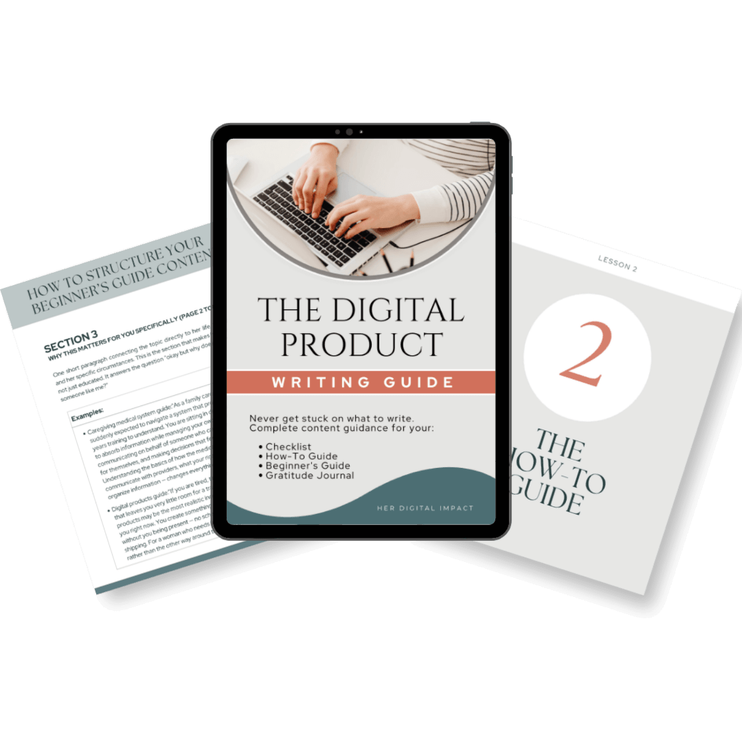 ipad showing the digital product writing guide and pages, how to structure your beginner's guide content and how to guide