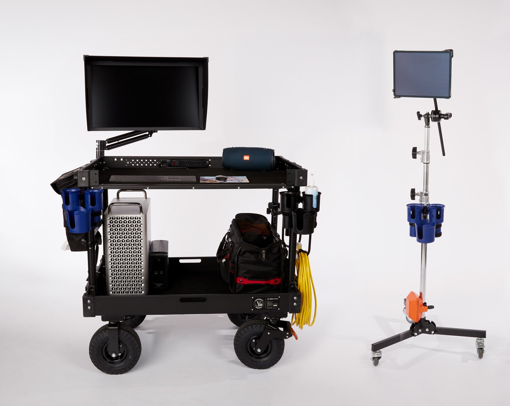 Mobile workstation with monitors, storage, and equipment on a white background. Andrew Fornasier Digital Tech San Francisco