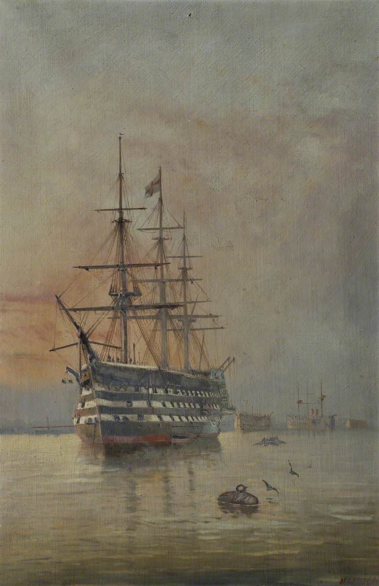 A painting of a large sailing ship docked on calm waters, with a few smaller ships in the background and seagulls flying nearby during sunset or sunrise.