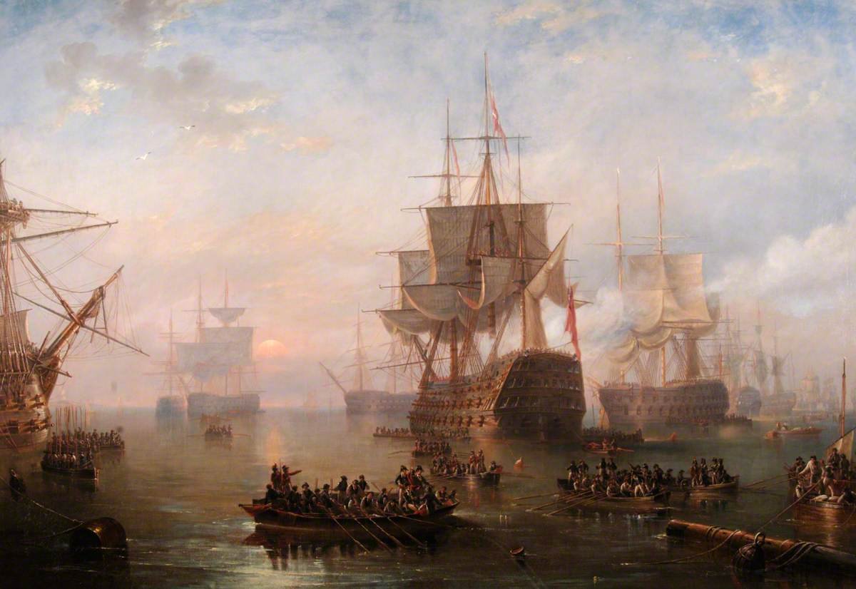 A painting of a large sailing ship docked on calm waters, with a few smaller ships in the background and seagulls flying nearby during sunset or sunrise.