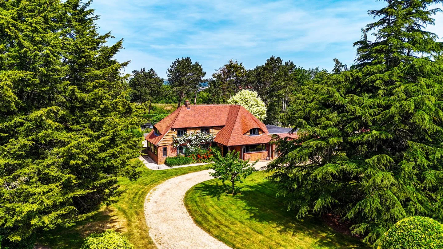 A large house surrounded by lush green trees, with a gravel driveway in front.