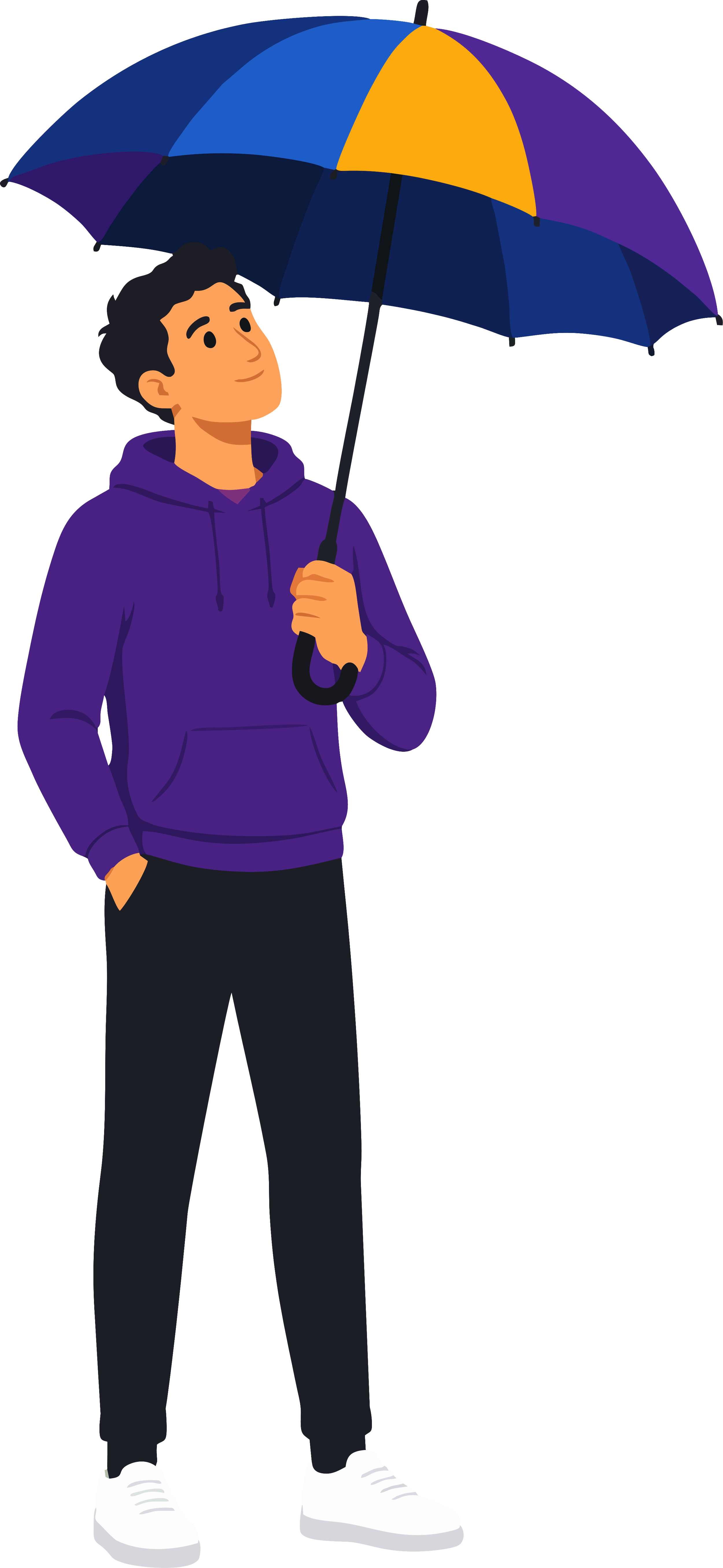 A young man wearing a purple hoodie and black pants holding a colorful umbrella.