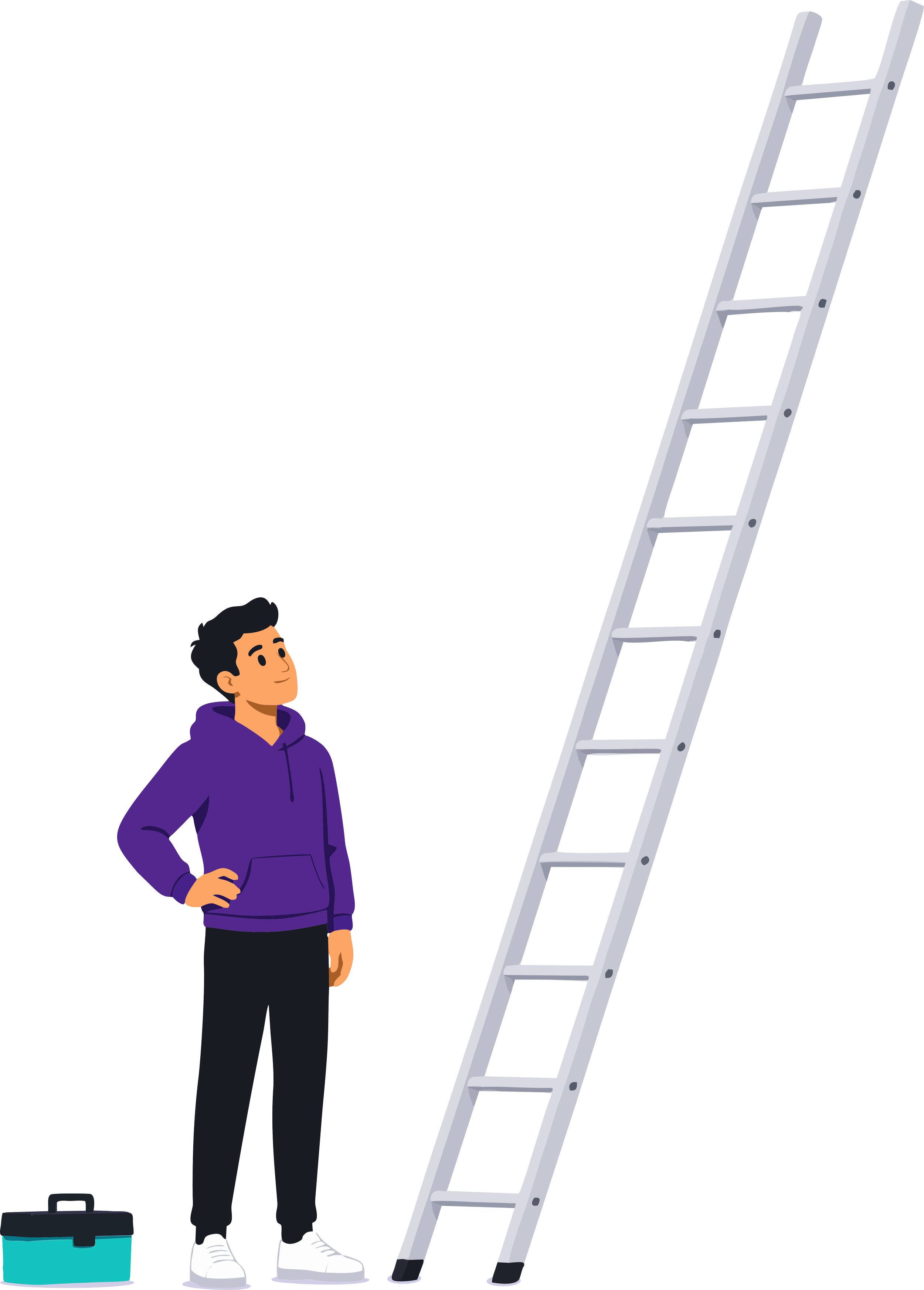 A young man wearing a purple hoodie, black pants, and white sneakers standing with his hand on his hip, looking at a ladder leaning against a wall. There is a toolbox on the ground nearby. The background is black.