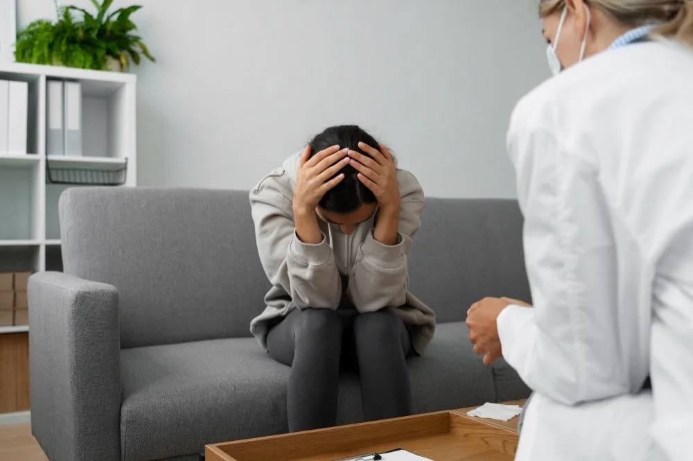 A young woman sits on a gray couch, holding her head with both hands, appearing distressed. A healthcare professional in a white coat and face mask stands nearby, listening attentively. The setting is a clinical or counseling office with a shelf and plants in the background.