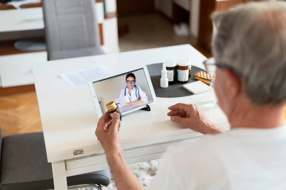 An elderly man is sitting at a white table, holding a pill bottle and video chatting with a female doctor on a tablet.