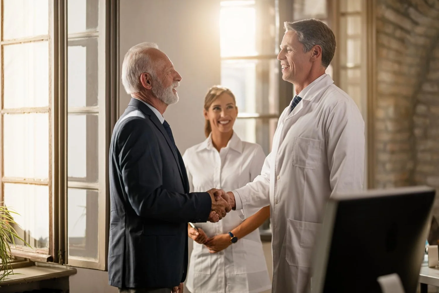 A business professional handshake between an elderly man in a suit and a male doctor in a white coat with a female nurse smiling in the background in a bright office.