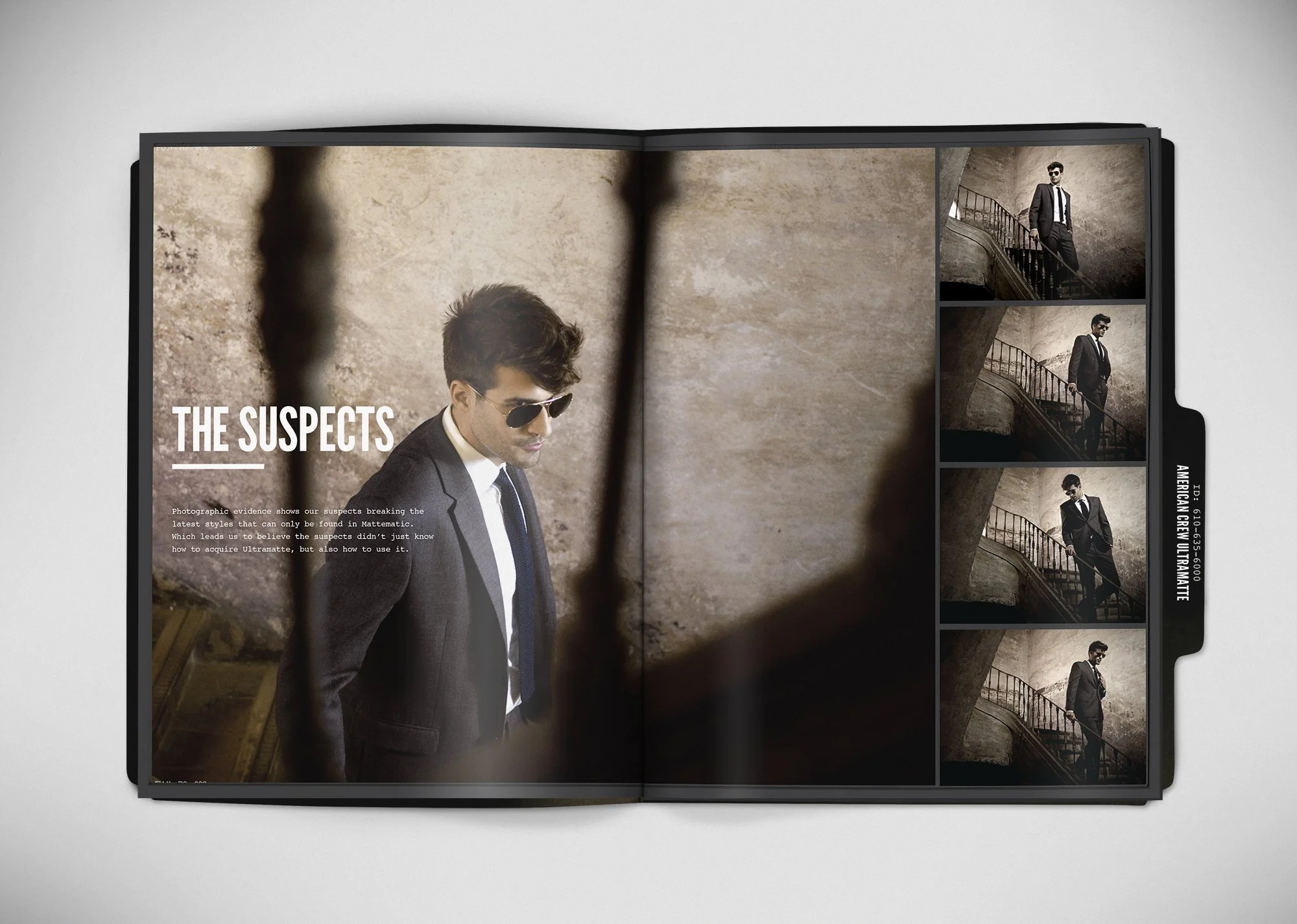 Investigation-themed sales brochure for American Crew Ultramatte