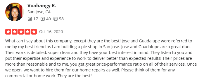Screenshot of a five-star review by Voahangy R. from San Jose, CA, praising a company's service, dated October 16, 2020.