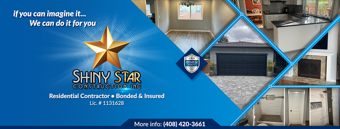 A business advertisement for Shiny Star Construction Inc., featuring images of renovated home interiors and exteriors, with a blue background, gold star logo, and contact information.