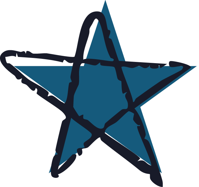 A blue five-point star with a black doodle-style circle and line overlay.