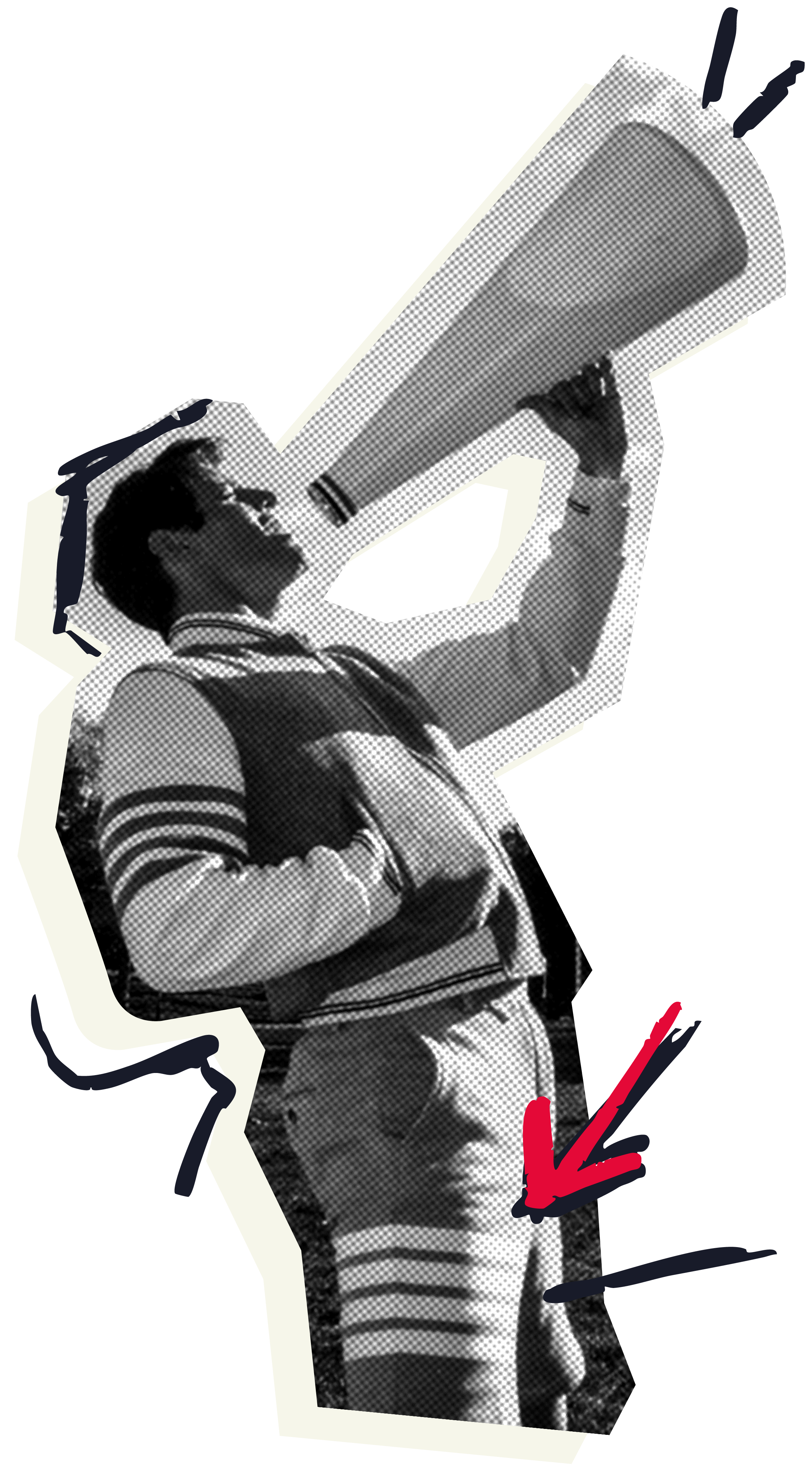 A person wearing athletic clothing, holding a megaphone to their mouth, with arm raised and fist clenched, appearing to be cheering or shouting.