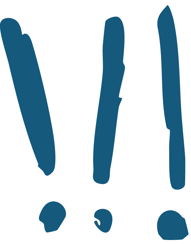 Drawing of three blue exclamation marks.
