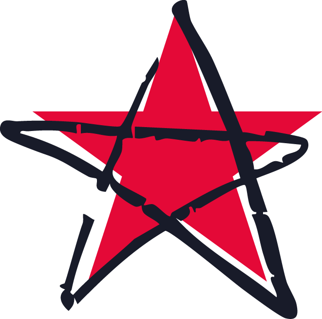 Red star with black scribbled lines overlaying it.