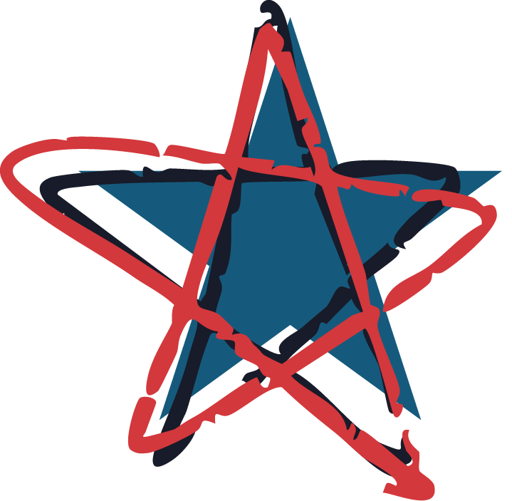 A stylized five-pointed star with a red outline and dark blue fill on a black background.