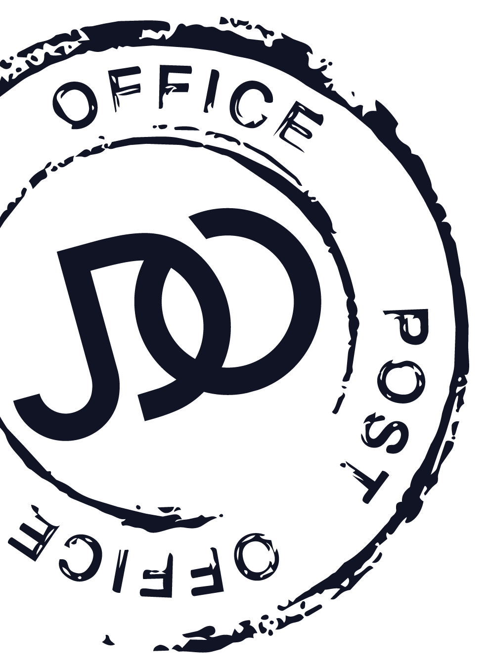 A rubber stamp with the word 'OFFICE' along the top edge and 'POST OFFICE' along the bottom edge, encircling a stylized JDO logo in the middle