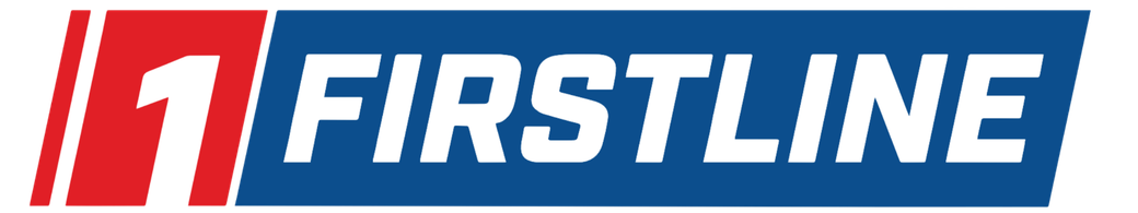 Close-up of a logo with a red, white, and blue design that reads "1 FIRSTLINE".