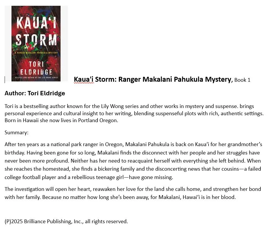 Book cover of 'Kaua'i Storm: Ranger Makanani Pahukula Mystery' by Tori Eldridge.