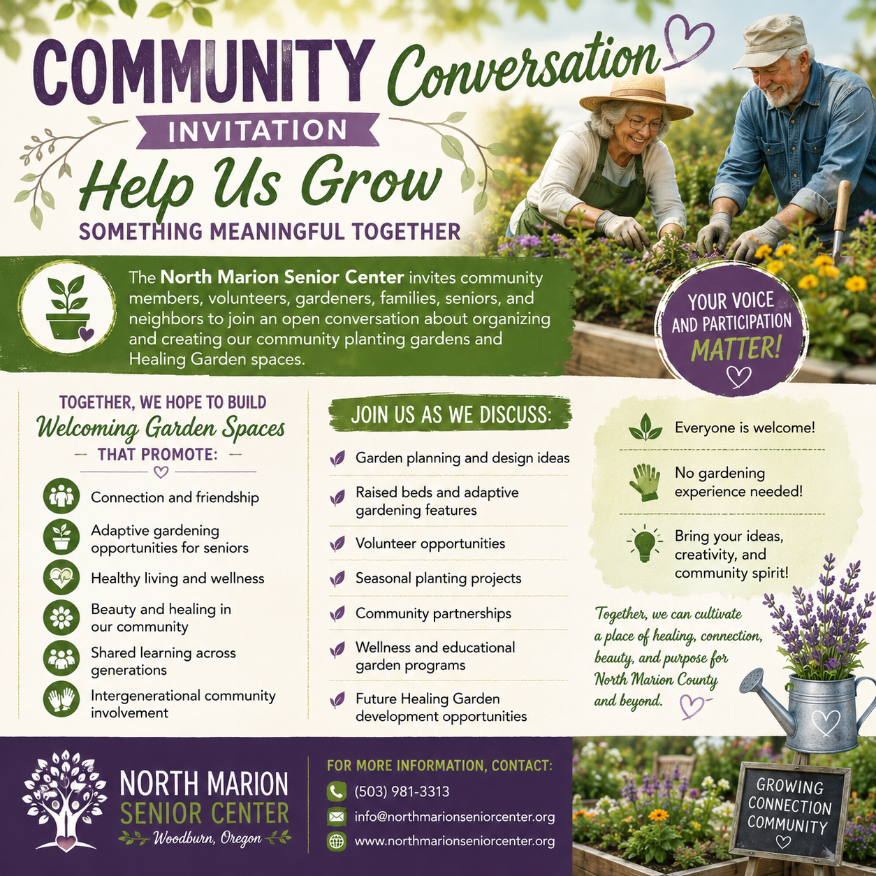 Flyer for a community conversation event about organizing and creating community gardening and Healing Garden spaces, hosted by North Marion Senior Center. Features a photo of two seniors gardening and details about the event, including date, contact info, and discussion topics like garden design, raised beds, volunteer opportunities, and seasonal projects.