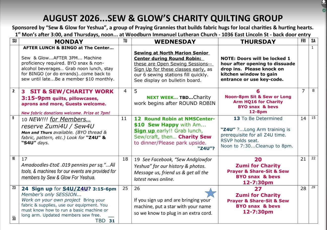 Monthly calendar for Sew & Glow's charity quilting group in August 2026, with schedule details for Monday, Wednesday, and Thursday activities, including sewing sessions, meetings, and charity work at Woodburn Immanuel Lutheran Church.