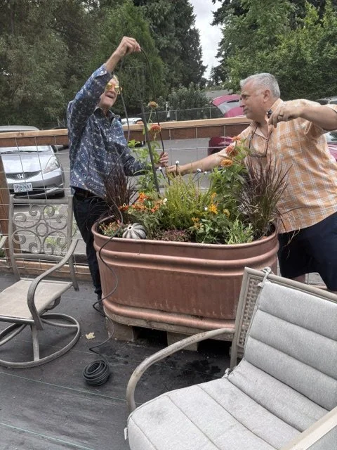 Two men are gardening in a large flower planter on a patio, surrounded by outdoor furniture and trees in the background.