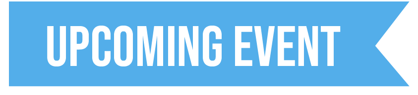Blue banner with white text that reads 'Upcoming Event' and a black triangle on the right side.