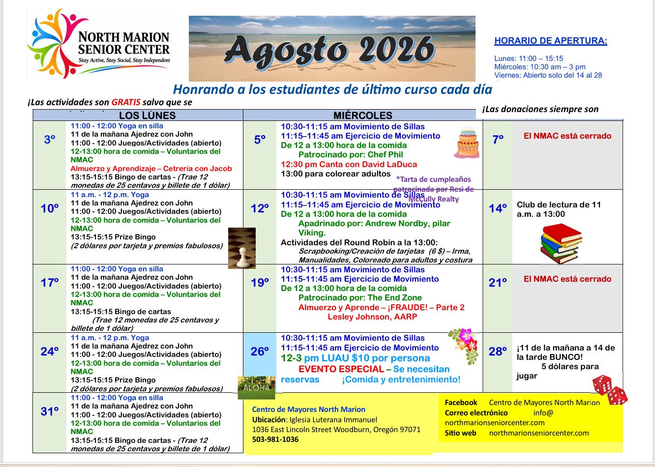 August 2026 schedule for North Marion Senior Center with activities, meal times, and closing notices, including yoga, bingo, exercise, chess, and special events, set against a beach background.