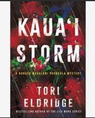 Book cover for 'Kaua'i Storm' by Tori Elridge, part of the Ranged Island Paranormal Mystery series, with a red background and floral design.
