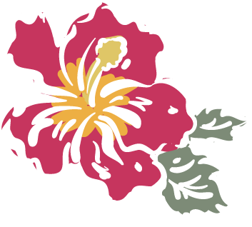 Illustration of a pink flower with yellow stamens and green leaves